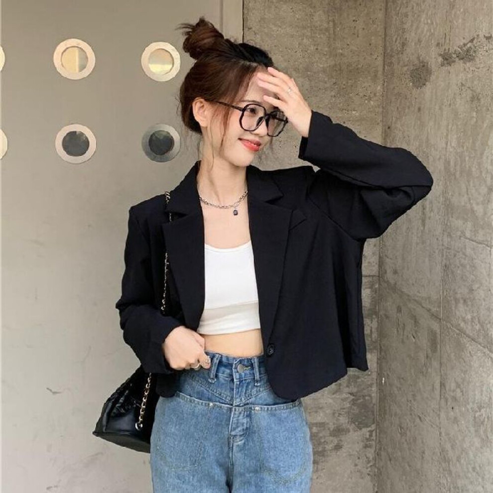 (black, S) Cropped Blazers Women Solid Color Simple Single-button Outwear All-match Long Sleeve Office Suit Jacket Plus Size