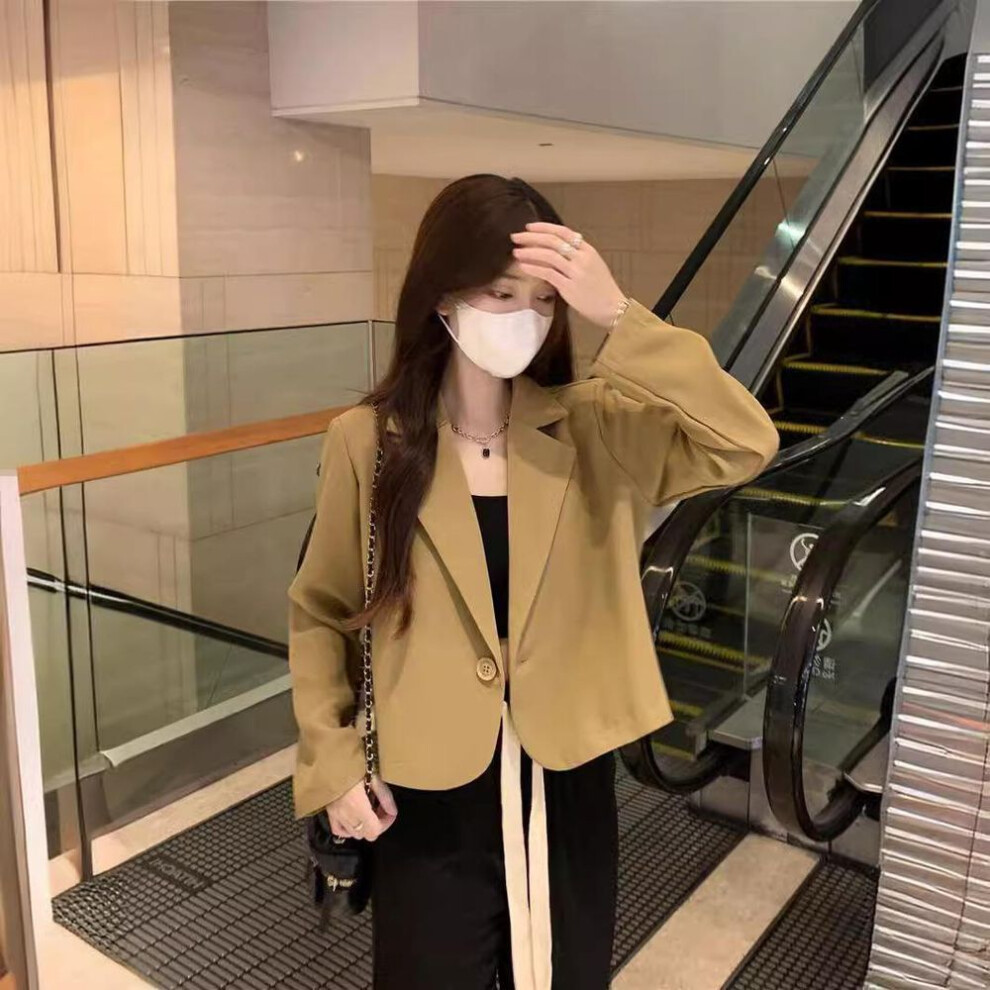 (khaki, L) Cropped Blazers Women Solid Color Simple Single-button Outwear All-match Long Sleeve Office Suit Jacket Plus Size