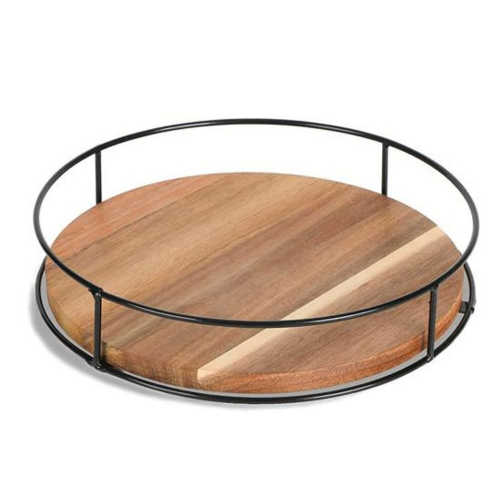 9-inch Wooden Lazy Susan Turntable With Steel Sides 360 Degree Rotating Cabinet Pantry Kitchen Countertop Refrigerator Cupboard Dining Table Organizer