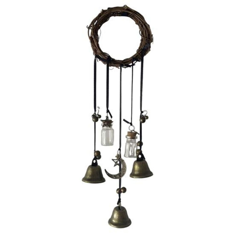 Doorknob Hanging Witch Bell Decoration Vintage Round Rattan Hanging Clear Bottle Moon Star Charm Tassels Good Luck Door Handle Wind Chime Ornament