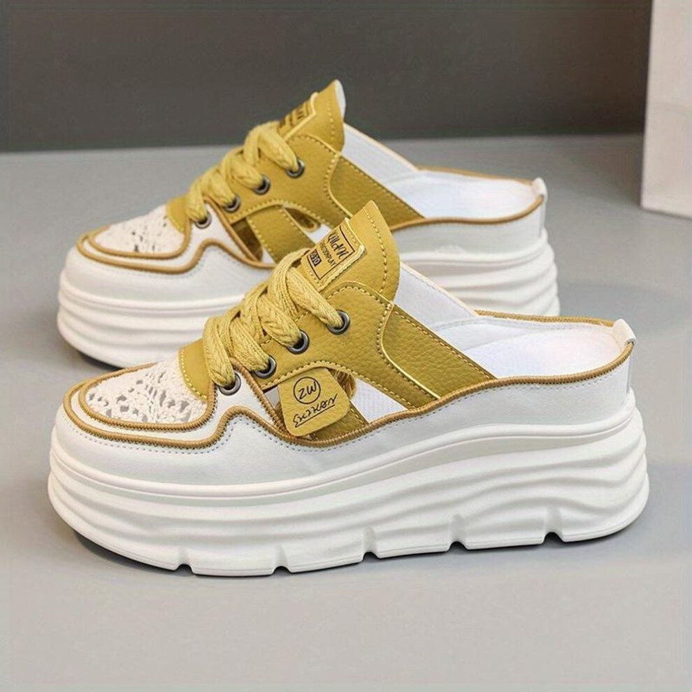 (yellow, 41) Women&apos;s Breathable Platform Mule Sneakers, Casual Cutout Design Lace Up Shoes, Comfortable Summer Shoes