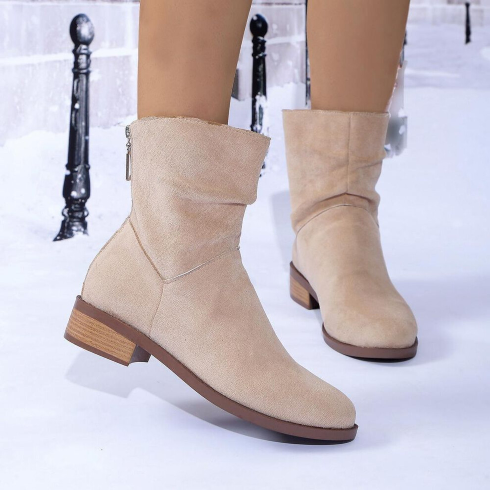 (beige, 38) Fashion Autumn Womens Solid Pleated Ankle Boots Fashion Faux Suede Square Heel Boots Ladies Round Toe Back Zipper Office Shoes Boats