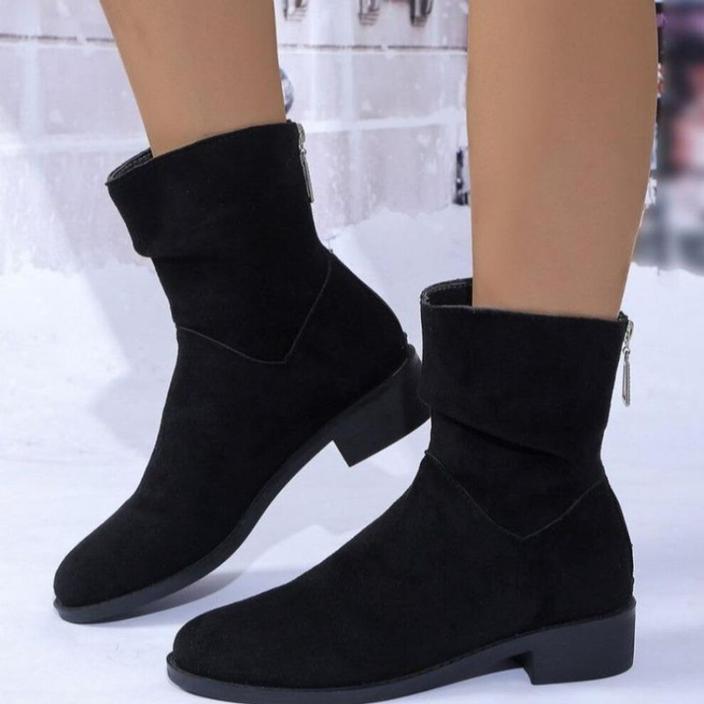 (black, 40) Fashion Autumn Womens Solid Pleated Ankle Boots Fashion Faux Suede Square Heel Boots Ladies Round Toe Back Zipper Office Shoes Boats