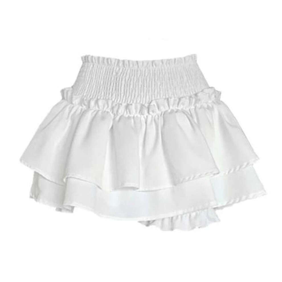 (white, 2XL) Pleated Mini Culottes Pleated Elastic High Waist Ruffle Layer Hem Solid Color Short Skirt A-line Cake Skirt
