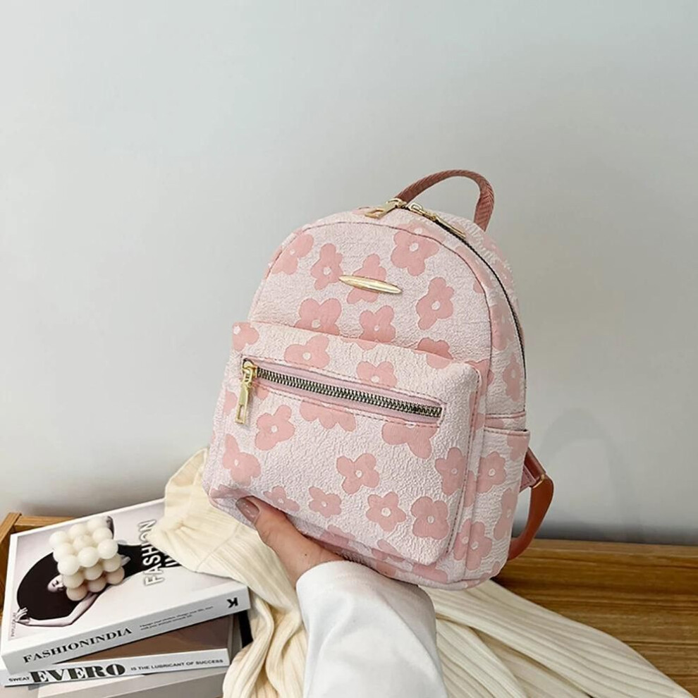 (pink) Women‘s Small School Bags Black Pink Fashion Flower Canvas Backpacks Student School Books Stationery Organizer Storage Bags