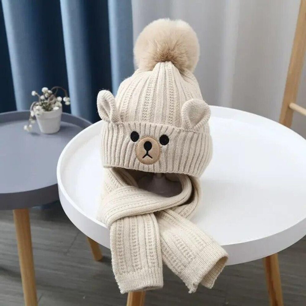 (beige) 2pcs Baby Beanie Scarfs Set European Style Cartoon Bear Crochet Bonnet For Toddler Boy Girl Autumn Winter Warmer Stuff Scarfs