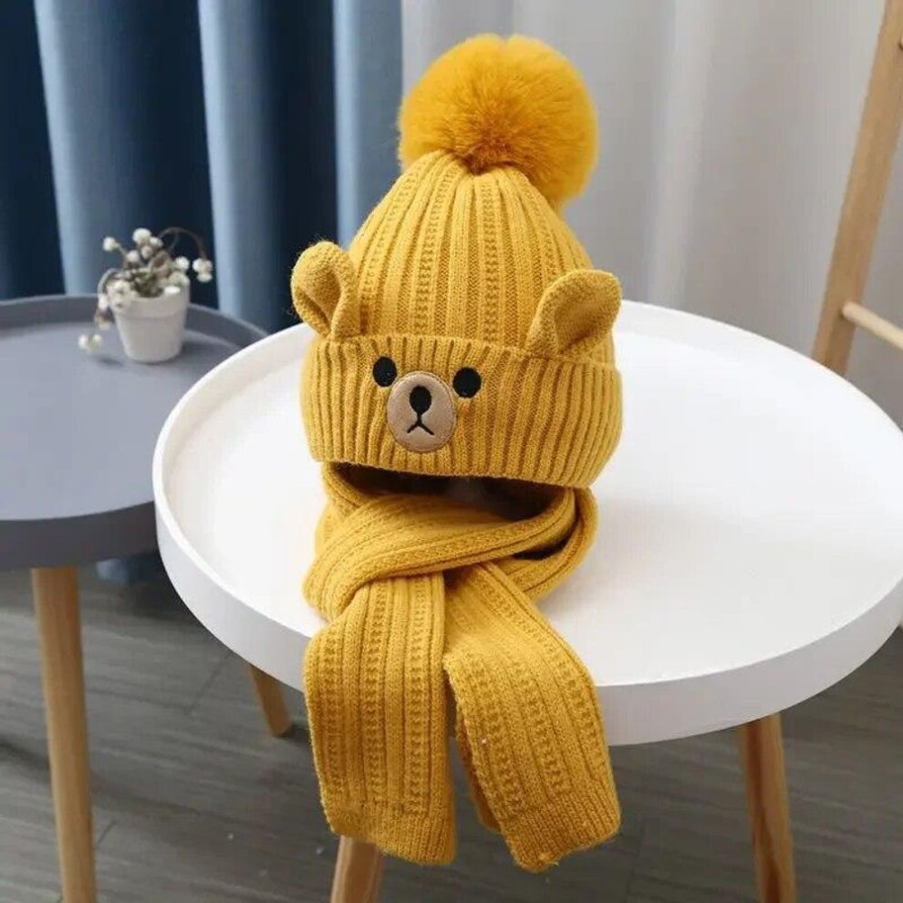(yellow) 2pcs Baby Beanie Scarfs Set European Style Cartoon Bear Crochet Bonnet for Toddler Boy Girl Autumn Winter Warmer Stuff Scarfs