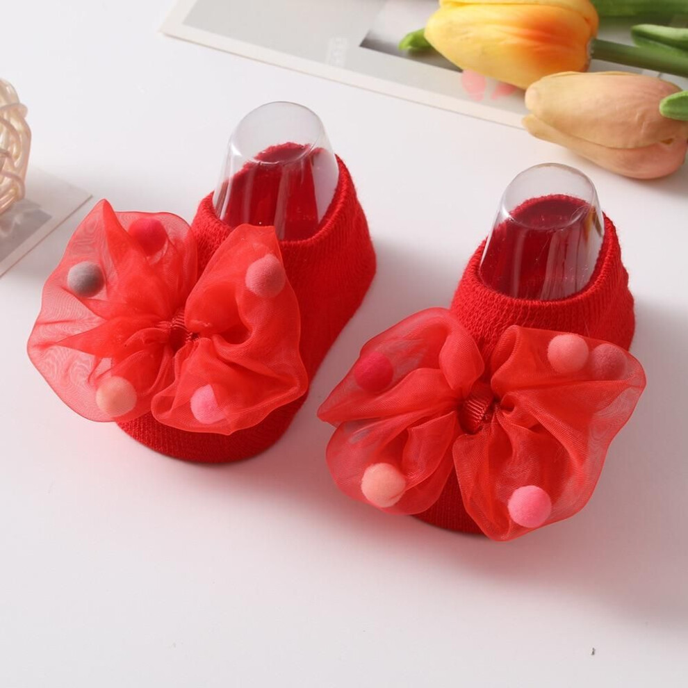 (red, M) Fashion Baby Gauze Bow Girls Pompoms Princess Socks Rubber Anti-slip Newborn Infant Socks Little Girl Socks 0-3years Old