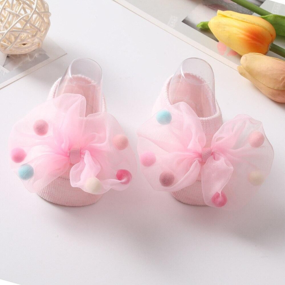 (pink, M) Fashion Baby Gauze Bow Girls Pompoms Princess Socks Rubber Anti-slip Newborn Infant Socks Little Girl Socks 0-3years Old