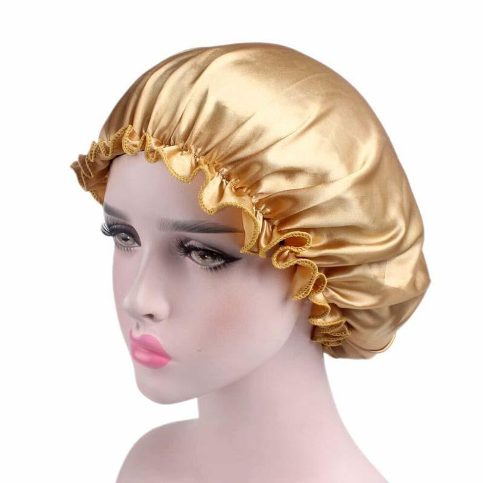(gold) Women Silk Satin Night Sleep Cap Shower Caps Hair Care Beauty Bonnet Hat Head Cover Elastic Band Bathroom Shower Caps