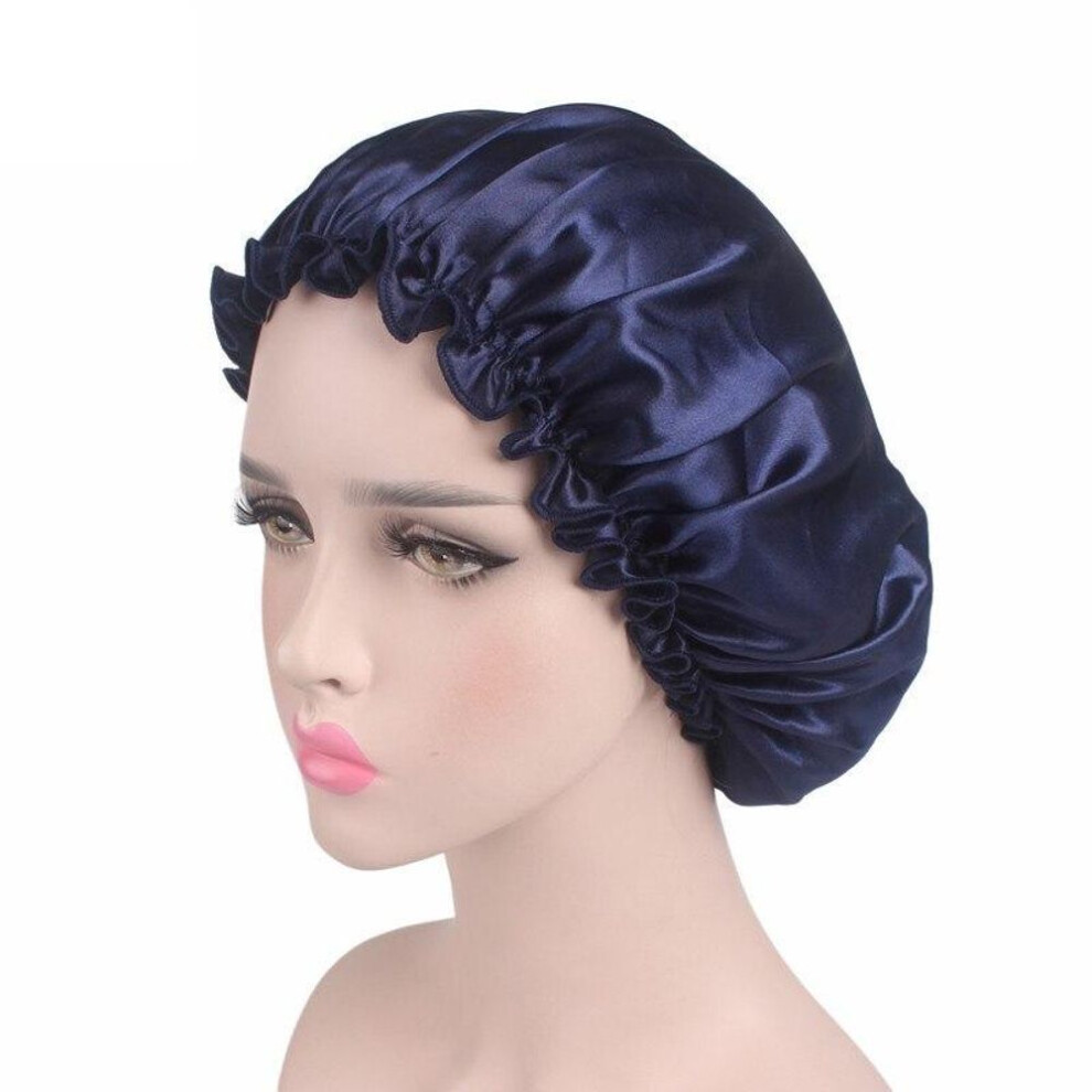 (navy blue) Women Silk Satin Night Sleep Cap Shower Caps Hair Care Beauty Bonnet Hat Head Cover Elastic Band Bathroom Shower Caps