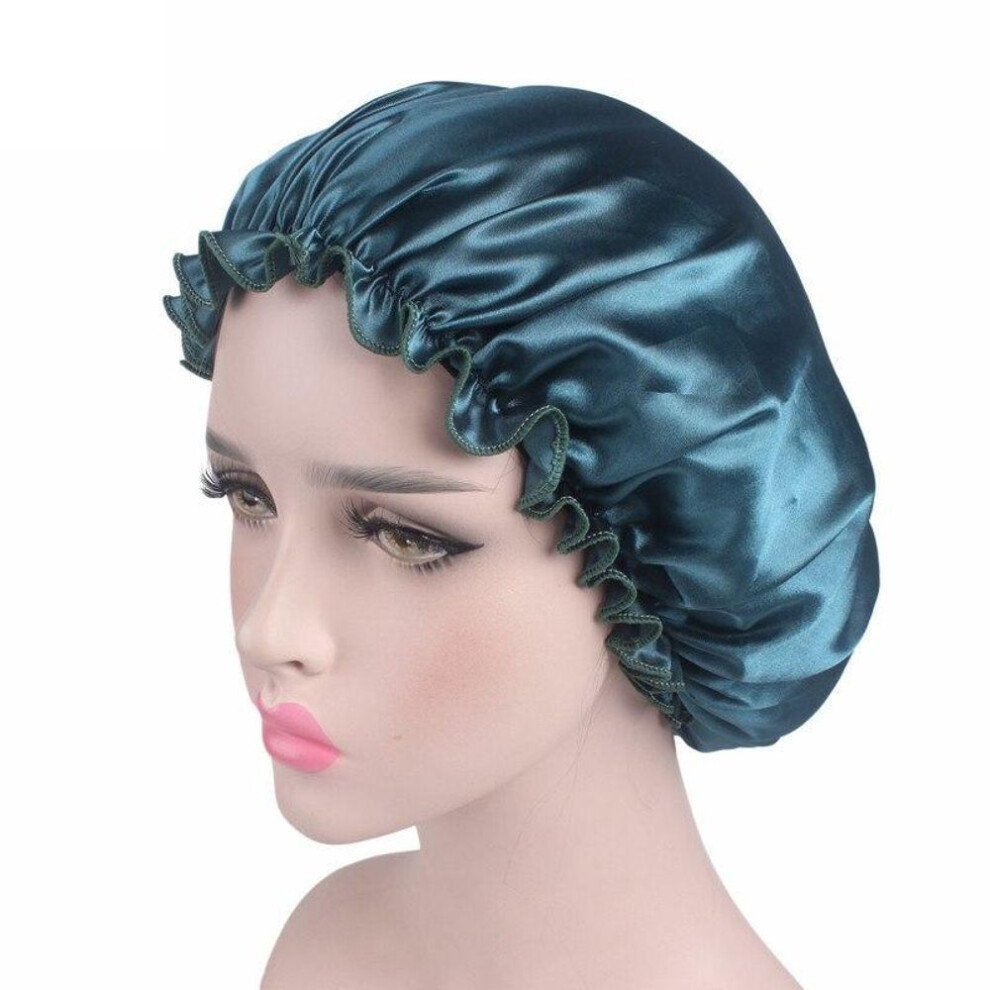 (blue,green) Women Silk Satin Night Sleep Cap Shower Caps Hair Care Beauty Bonnet Hat Head Cover Elastic Band Bathroom Shower Caps