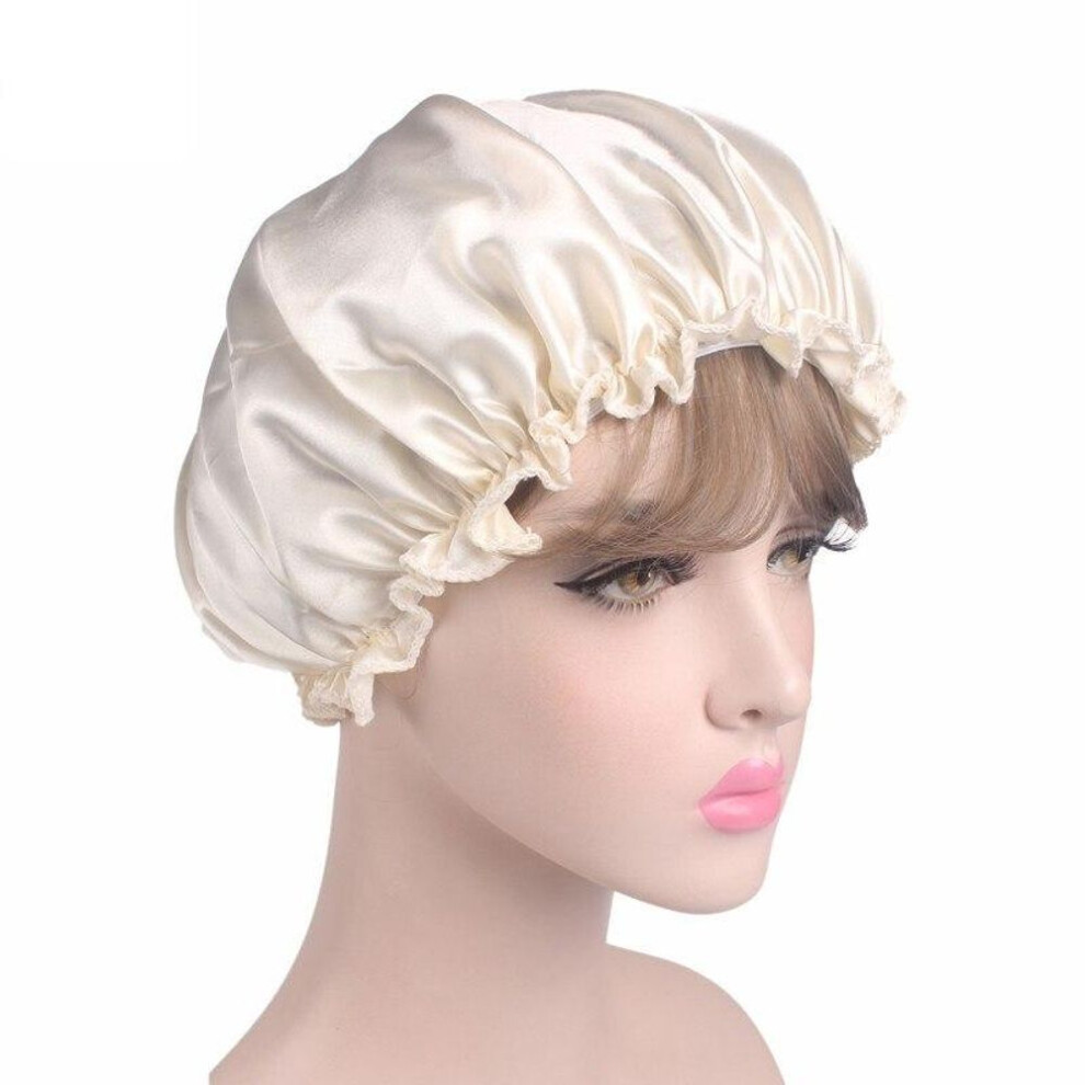 (beige) Women Silk Satin Night Sleep Cap Shower Caps Hair Care Beauty Bonnet Hat Head Cover Elastic Band Bathroom Shower Caps