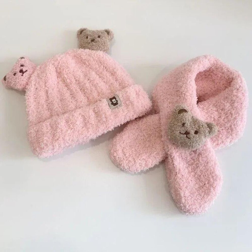 (pink) 2pcs Warm Newborn Beanie Scarfs Fashion Kawaii Cartoon Bear Infant Baby Crochet Bonnet Scarfs Set Autumn Winter Plush Baby Hat