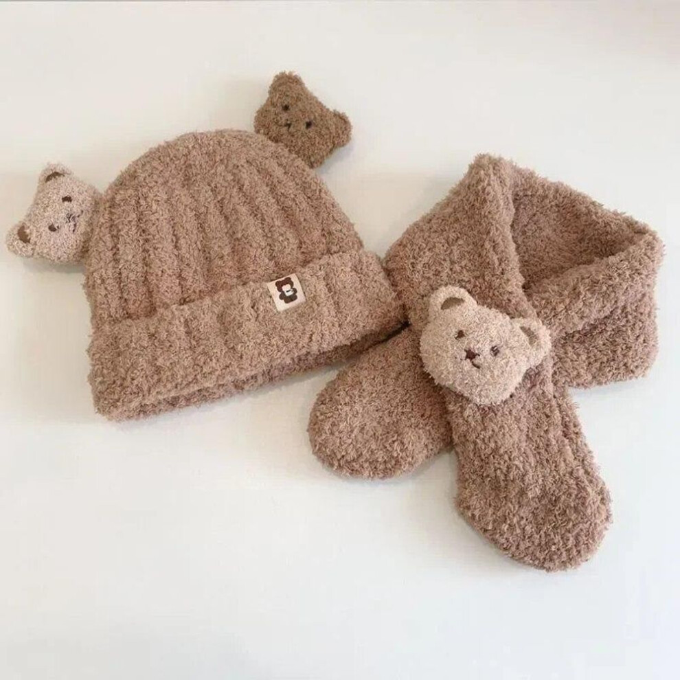 (khaki) 2pcs Warm Newborn Beanie Scarfs Fashion Kawaii Cartoon Bear Infant Baby Crochet Bonnet Scarfs Set Autumn Winter Plush Baby Hat