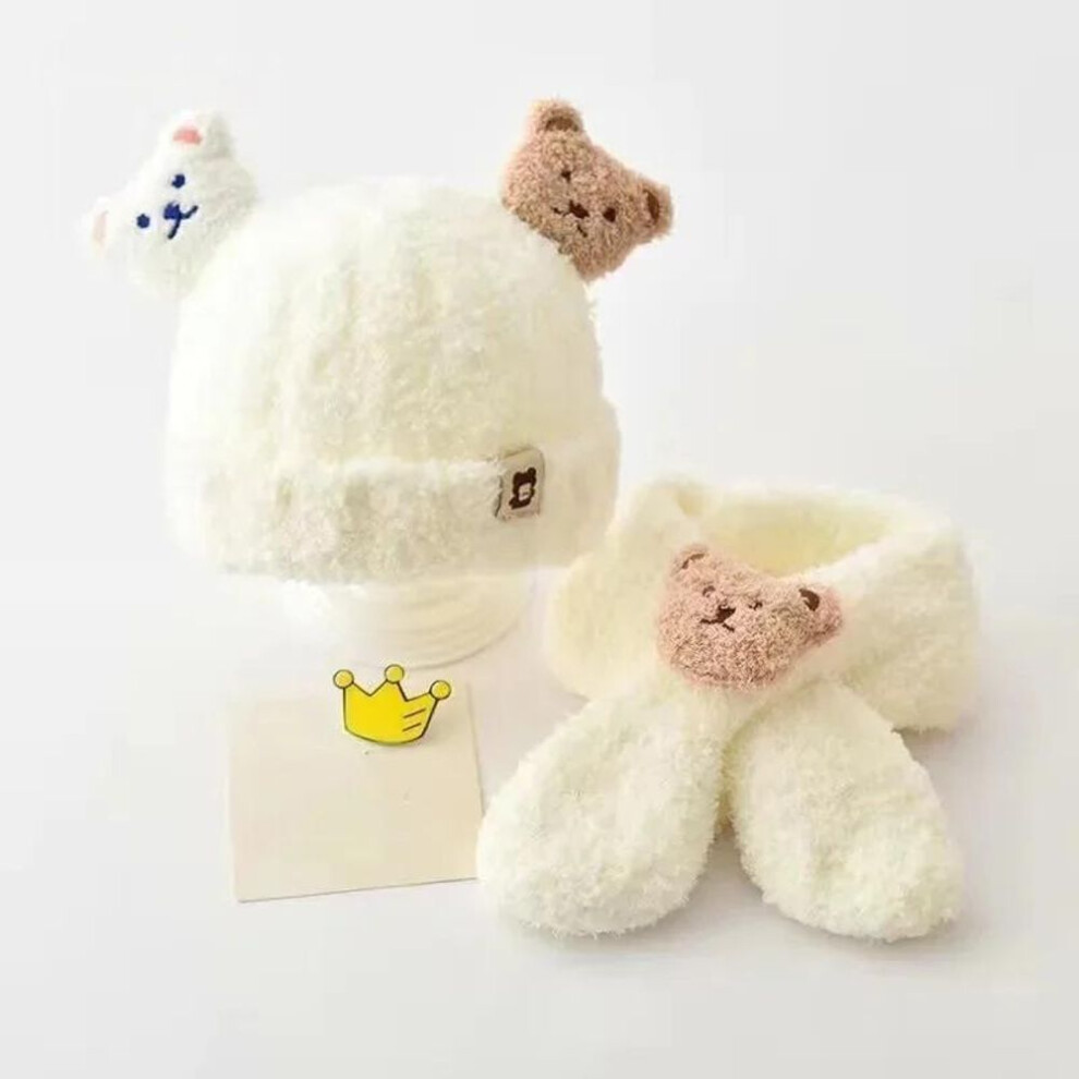 (white) 2pcs Warm Newborn Beanie Scarfs Fashion Kawaii Cartoon Bear Infant Baby Crochet Bonnet Scarfs Set Autumn Winter Plush Baby Hat