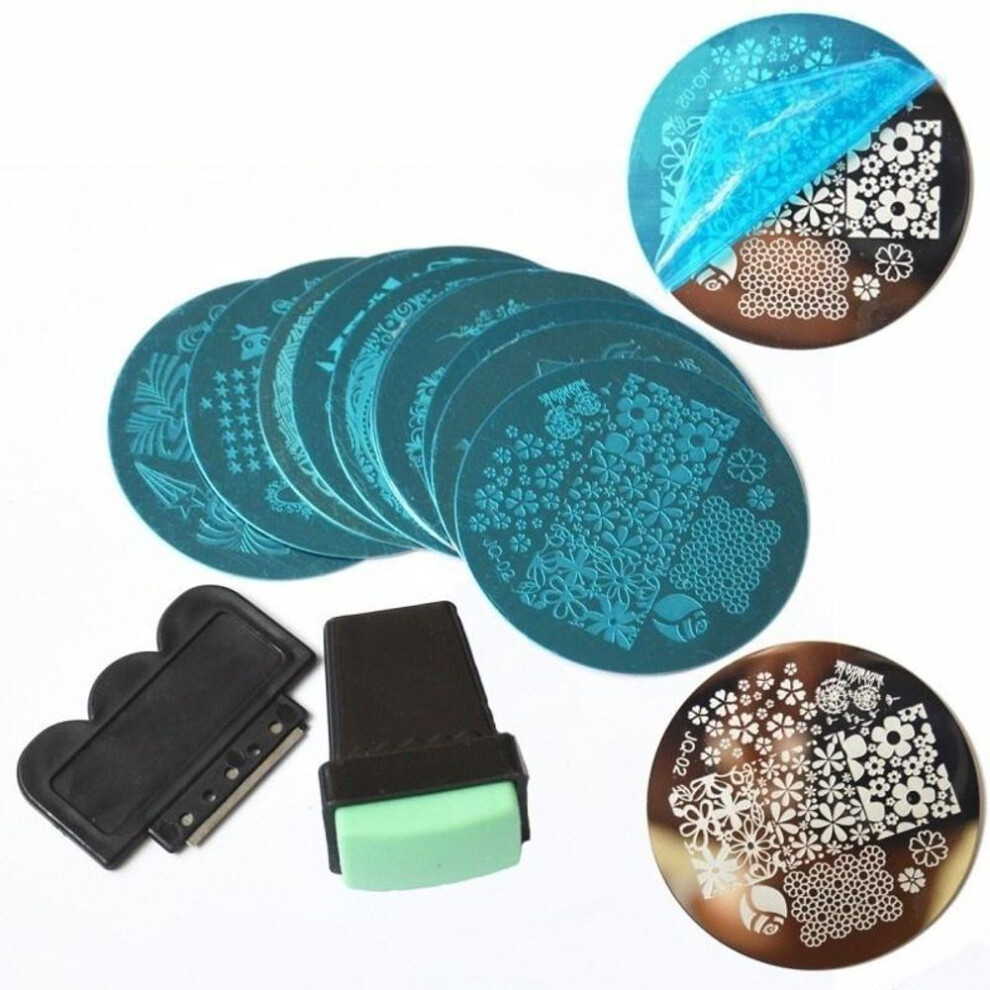 (as the picture) 10pcs/set Nail Makeup Tool Nail Art Polish Stencil Stamping Print Plate Template 1pcs Stamper 1pc