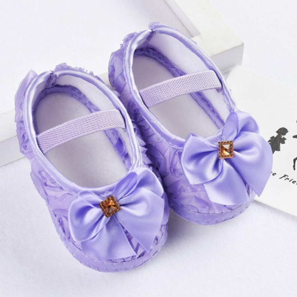 (purple, 0-6M) Toddler Girls Big Bowknot Heart Embroidered Soft Sole Anti-slip Baby Shoes