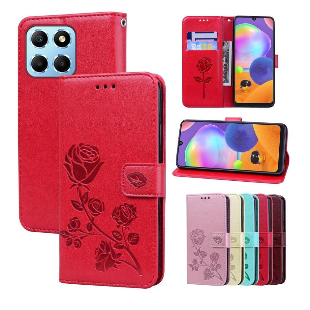(red, Honor 90 Lite) Women Wallet Flip Case Rose Flower Leather Phone Cover +Card Money Slot For HONOR X5 X6 X6A X7 X7A X8 X8A X9b X9a 5G Magic 4 5 Lite
