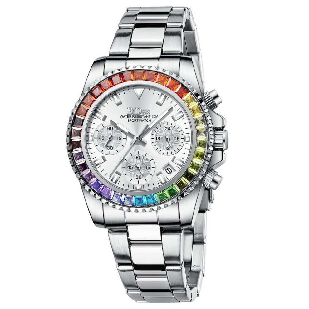 (silver) Biden Women&apos;s Fashionable Diamond Business Multifunctional Quartz Waterproof Watch