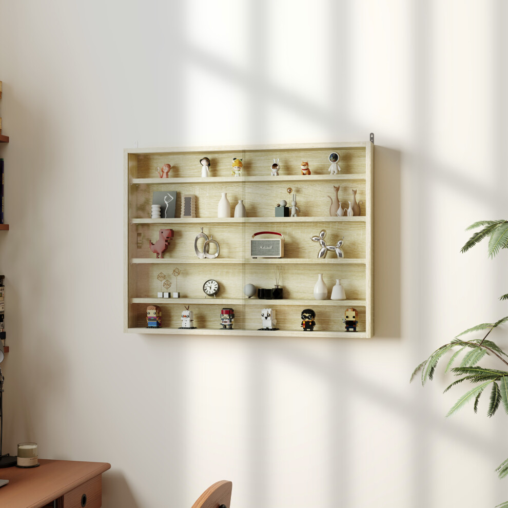 HOMCOM 5-Tier Wall Display Shelf Unit Cabinet w/ Shelves Glass Doors Oak