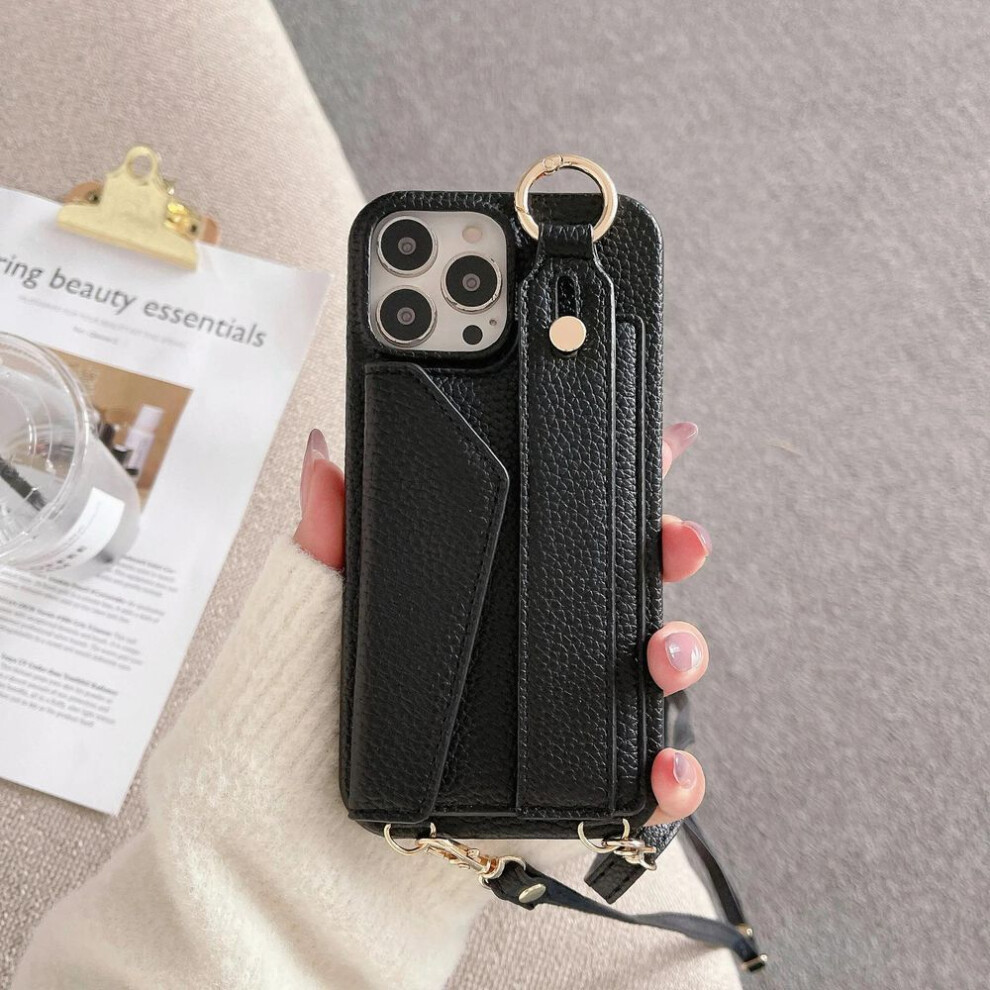 Photos - Case  Ring Crossbody Wrist Strap Wallet Leather Cover for IPhone 15 14 13 12 11 Pro Max Phone  with Car(black, IPhone 15 Pro)