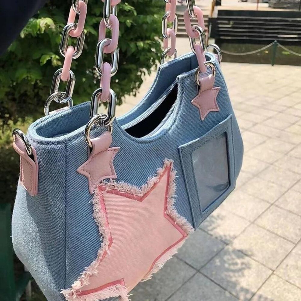 (blue) Korean Fashion Shoulder Underarm Harajuku Star Tote Denim Bag Chain Ladies Bags Zip Purses Handbags Women 2024 Luxury Square Bag