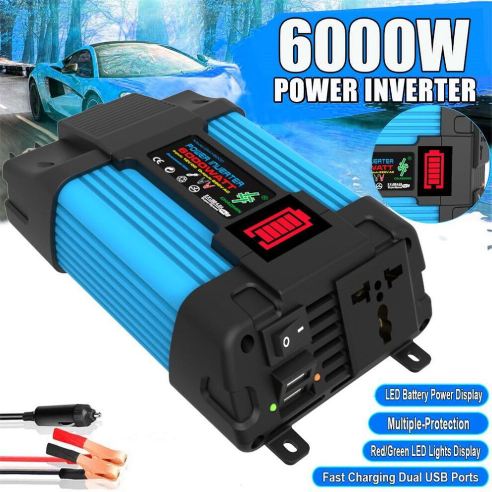 (blue, 12V-AC220V 4000W) 4000w/6000w Car Power Inverter Led Voltage Capacity Display Transformer Converter 12v To 110/220v Dual Usb Inverter For Car Appliances