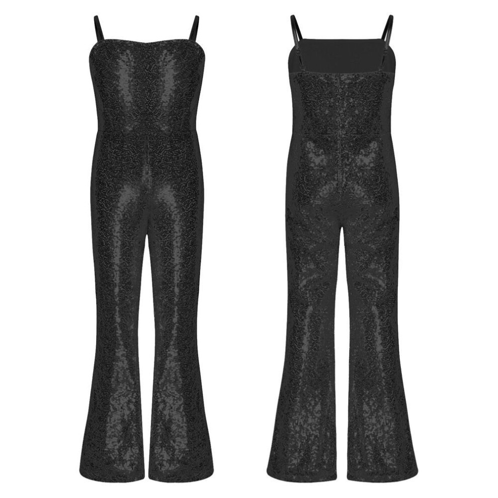 (black, 9-10 Years) Kids Girls Sleeveless Gymnastics Leotard Jumpsuit Costume Halloween Sequins Bell Bottoms Jumpsuit