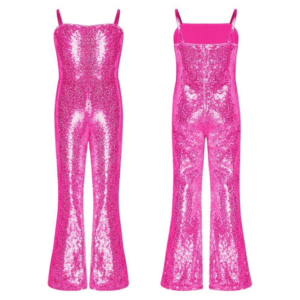 (hot pink, 5-6 Years) Kids Girls Sleeveless Gymnastics Leotard Jumpsuit Costume Halloween Sequins Bell Bottoms Jumpsuit
