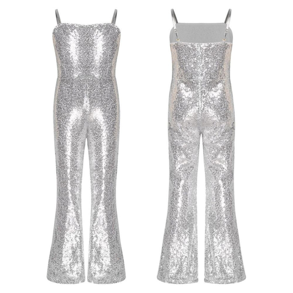 (silver, 7-8 Years) Kids Girls Sleeveless Gymnastics Leotard Jumpsuit Costume Halloween Sequins Bell Bottoms Jumpsuit