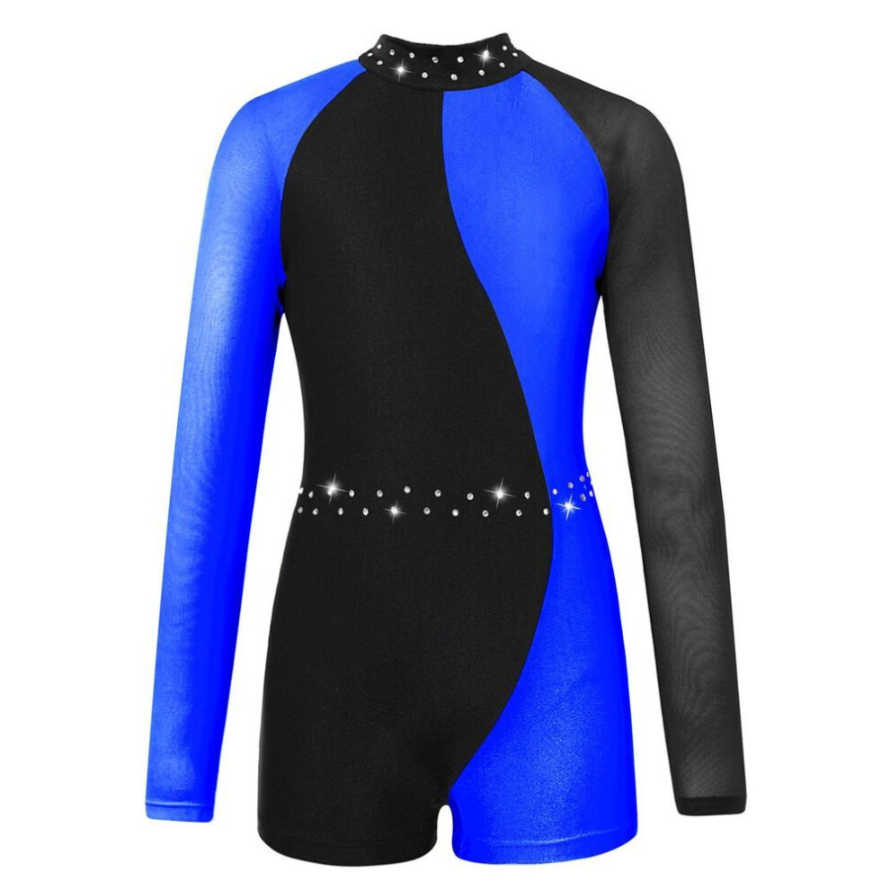 (royal blue, 7-8 Years) Leotards for Girls Gymnastics Children Long Sleeve Zipper Back Biketard Unitard Jumpsuit with Shorts