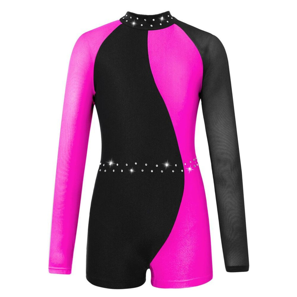 (rose, 7-8 Years) Leotards For Girls Gymnastics Children Long Sleeve Zipper Back Biketard Unitard Jumpsuit With Shorts