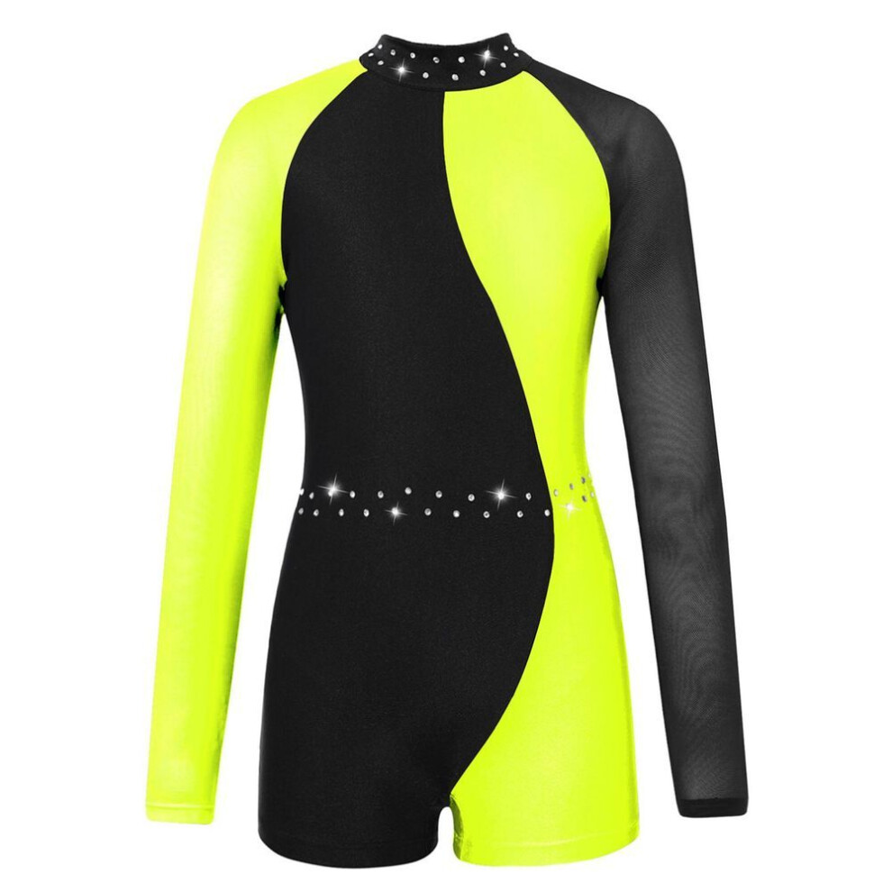 (yellow, 13-14 Years) Leotards For Girls Gymnastics Children Long Sleeve Zipper Back Biketard Unitard Jumpsuit With Shorts