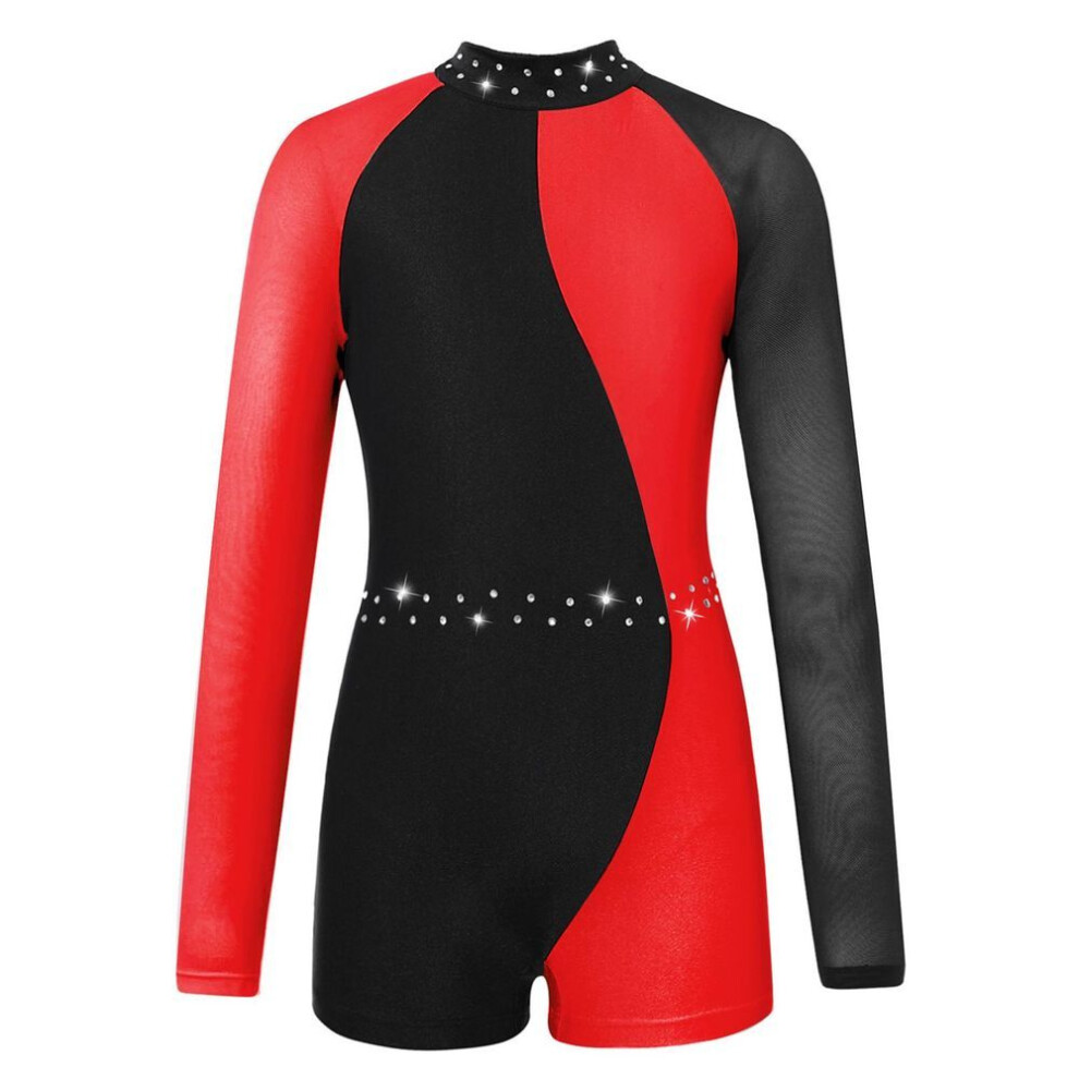 (red, 5-6 Years) Leotards For Girls Gymnastics Children Long Sleeve Zipper Back Biketard Unitard Jumpsuit With Shorts