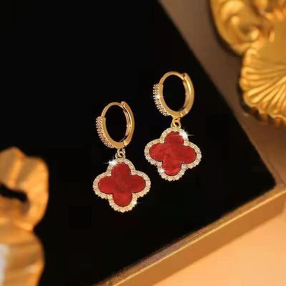 (red) Fashion Luxury Four-Leaf Clover Retro Shiny Rhinestone Earrings Net Red Senior Sense Of Ladies Earrings Small Fragrant Wind Ear Buckle