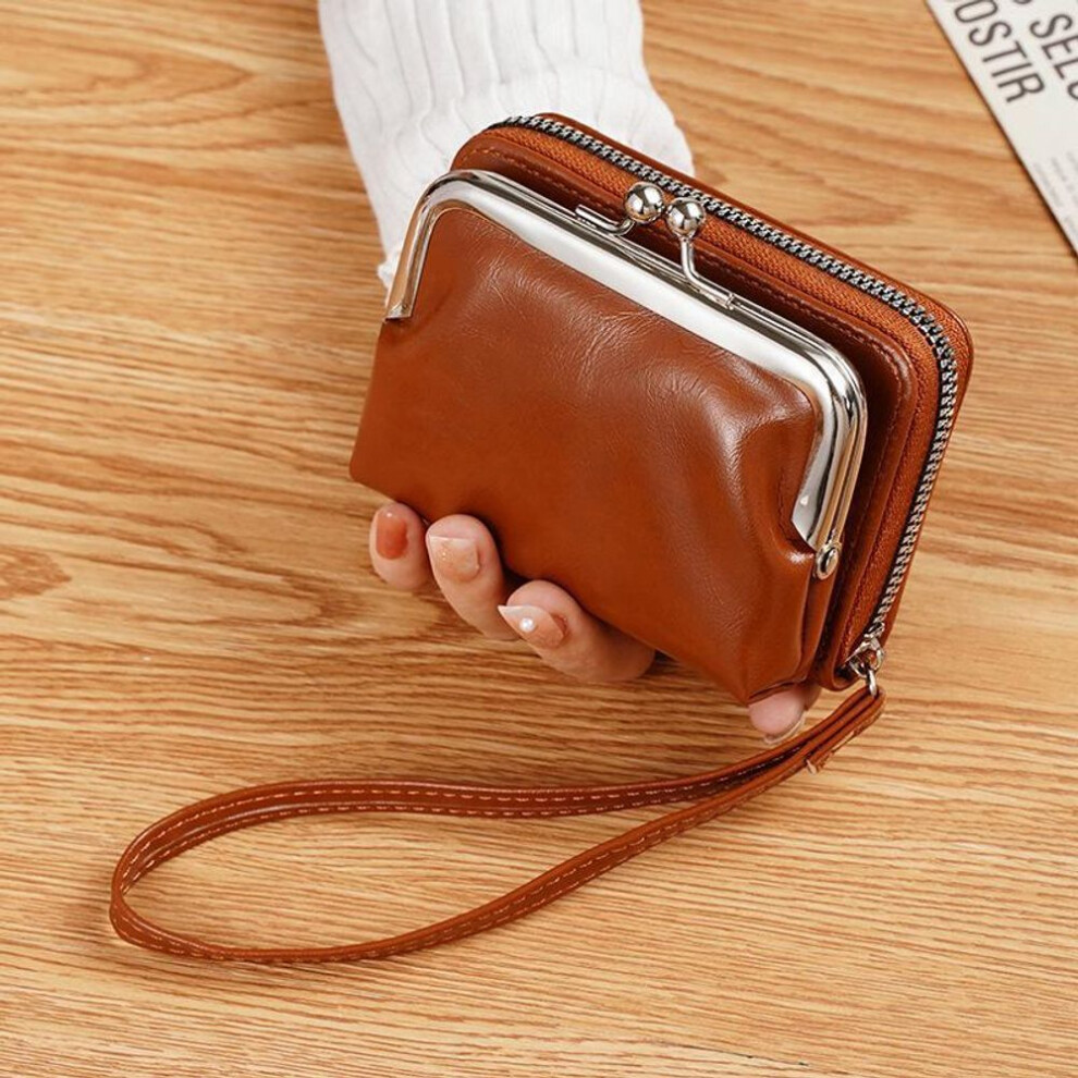 (light brown, 4 inch) Retro Ladies Buckle Coin Purse With 4-inch Zipper And Card Holder