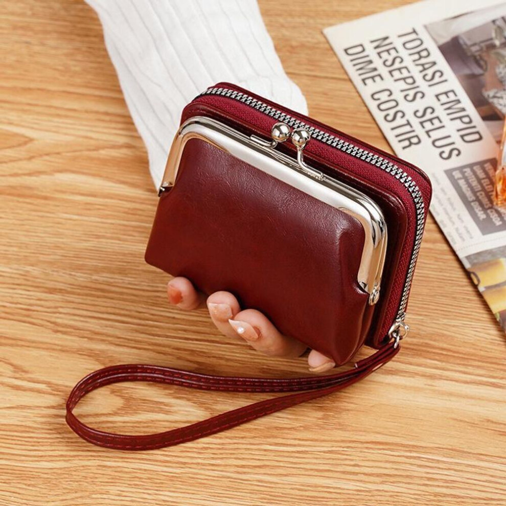 (claret, 4 inch) Retro Ladies Buckle Coin Purse With 4-inch Zipper And Card Holder