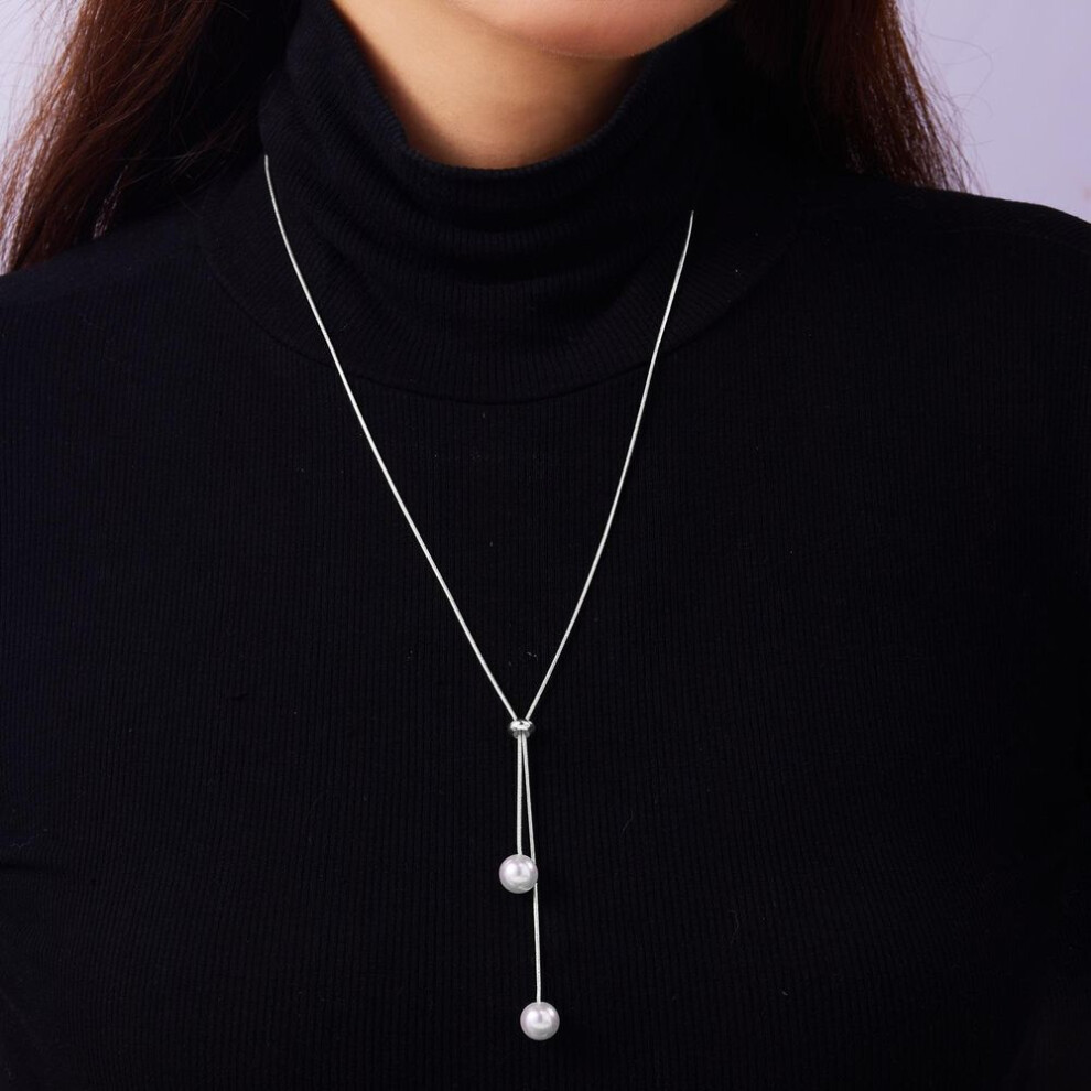 (silver, null) "elegant European & American Style Adjustable Imitation Pearl Long Necklace With Simple Clavicle Chain"