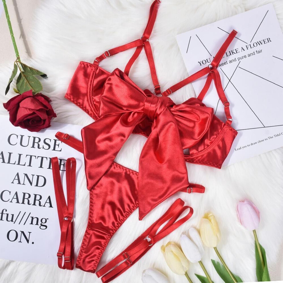 (red, S) "European and American Sexy Satin Lingerie Set: Three-Piece Hollow Design with Steel Ring"