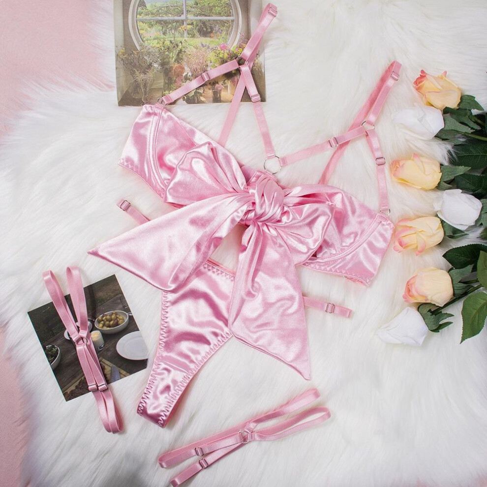 (as the picture, S) "European and American Sexy Satin Lingerie Set: Three-Piece Hollow Design with Steel Ring"