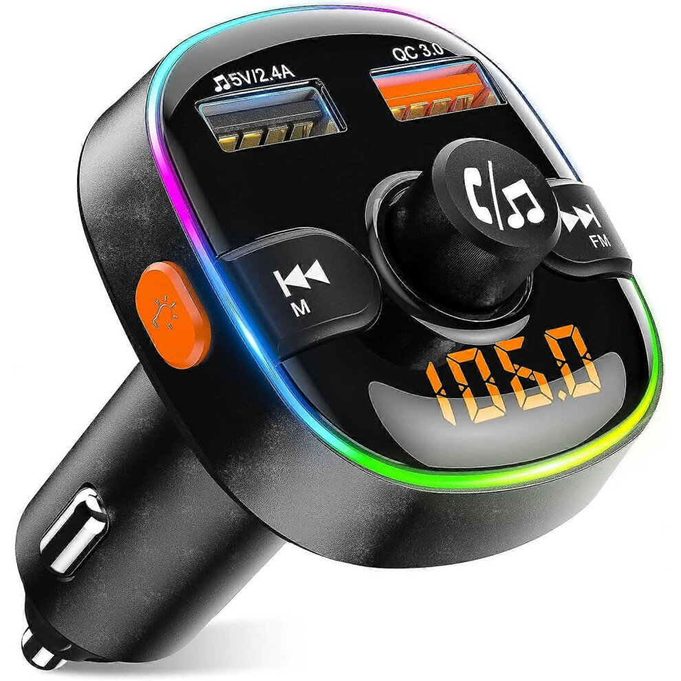 (As Show, One Size) Fm Transmitter For Car Bluetooth 5.0,Teumi 7 Colors Dual Usb Qc3.0 & 2.4A Car Charger Bluetooth Car Xtr Light 5093216587293