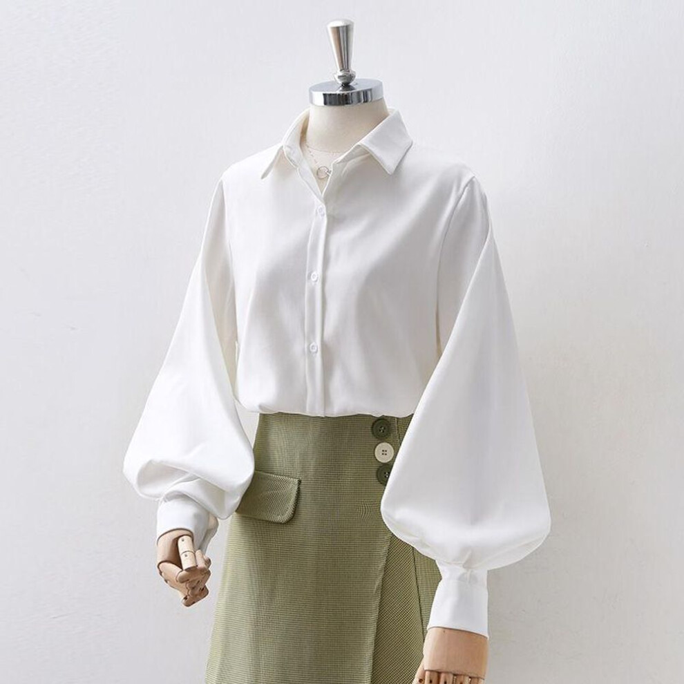 (white, M) Lantern Sleeves Vintage Shirts Women Elegant White Womens Blouse With Lush Sleeves Fashion Button Up Shirt Black