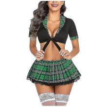 (S, green) Women Schoolgirl Lingerie Roleplay Lingerie Set Sexy Student Costumes
