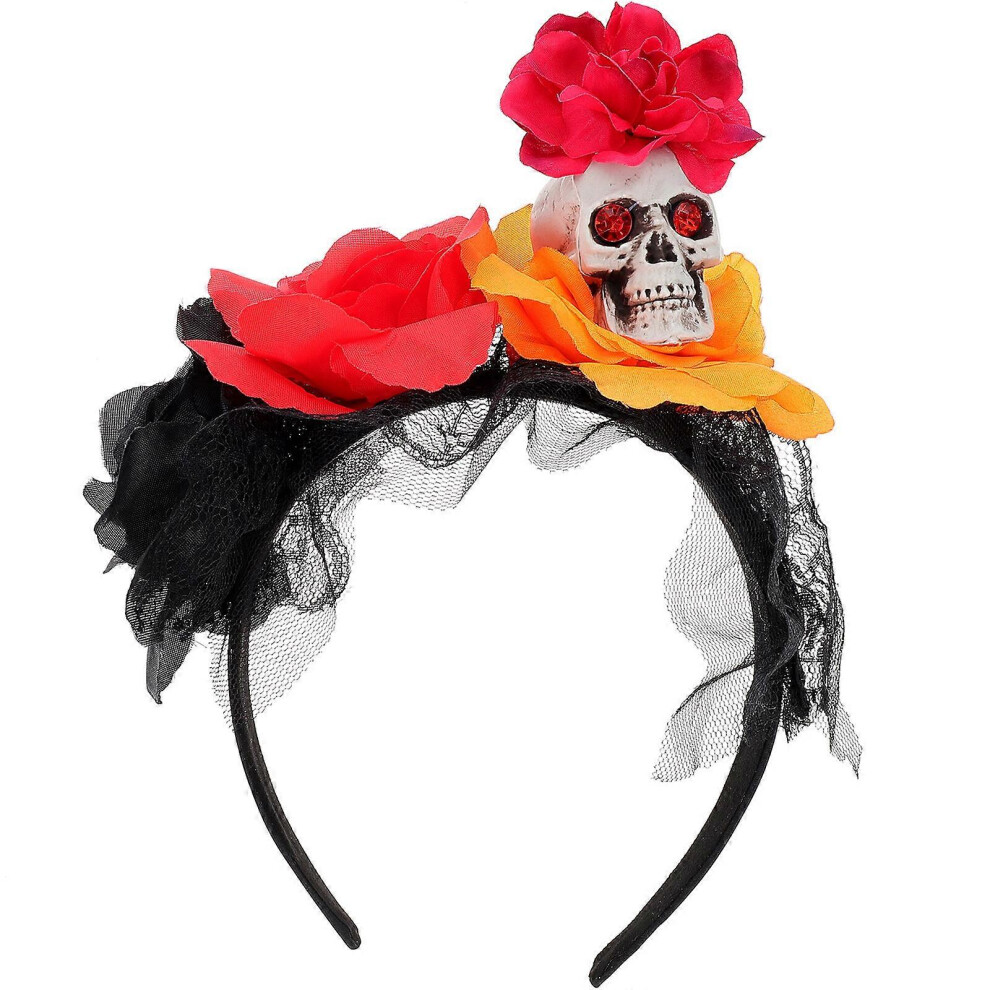 Kricely (Orange Red Black, One Size) Halloween Rose Skull Headband Party Headband Halloween Cosplay Hair Accessory Orange,Black,Red