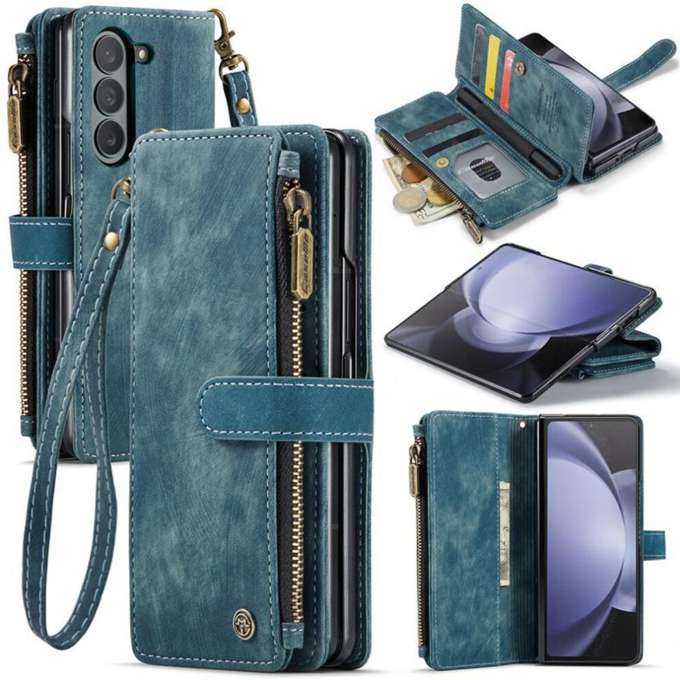 (blue, SAmsung Z fold 5) Business Retro Wallet Leather Flip Case For Samsung Galaxy Z Fold5 Fold 4 Z Fold 3 Coin Purse Zipper Wrist Strap