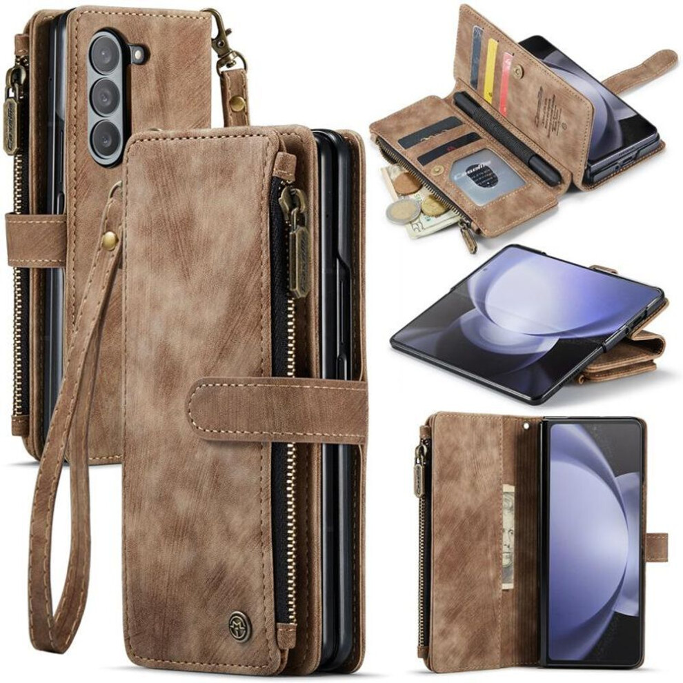 (brown, Samsung Z fold 4) Business Retro Wallet Leather Flip Case For Samsung Galaxy Z Fold5 Fold 4 Z Fold 3 Coin Purse Zipper Wrist Strap