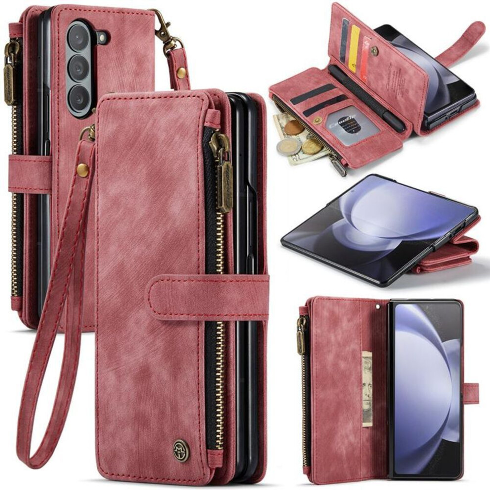 (red, SAmsung Z fold 5) Business Retro Wallet Leather Flip Case For Samsung Galaxy Z Fold5 Fold 4 Z Fold 3 Coin Purse Zipper Wrist Strap