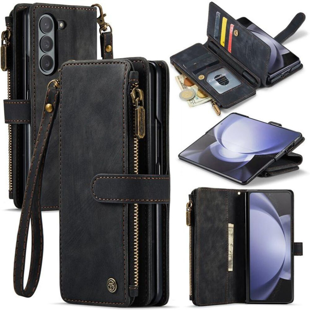 (black, SAmsung Z fold 5) Business Retro Wallet Leather Flip Case For Samsung Galaxy Z Fold5 Fold 4 Z Fold 3 Coin Purse Zipper Wrist Strap