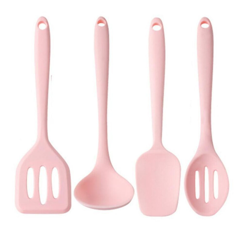 (4pcs-B) Lovely Pink Silicone Kitchenware Set Spatula Oil Brush Pasta Server Slotted Spoon Set Heat-Resistant Non-Stick Utensils Set For Baking Cooking